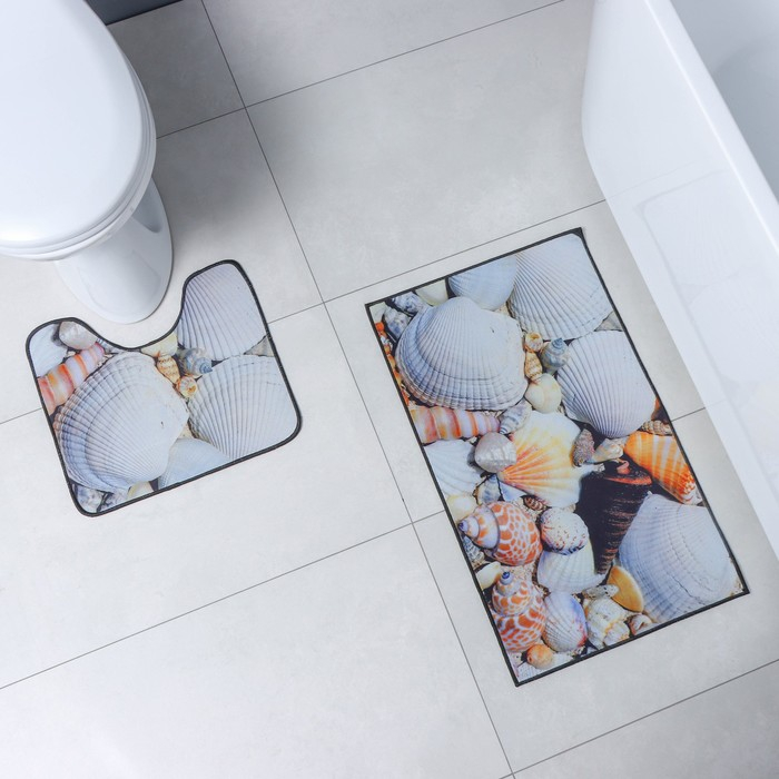 Коврики для ванной и туалета Доляна «Ракушки», 2 шт: 40×45 см, 45×75 см