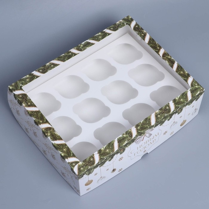 Коробка складная на 12 капкейков с окном «С Новым годом!» 32,8 х 25,6 х 10 см, Новый год Коробка складная на 12 капкейков с окном «С Новым годом!» 32,8 х 25,6 х 10 см, Новый год
