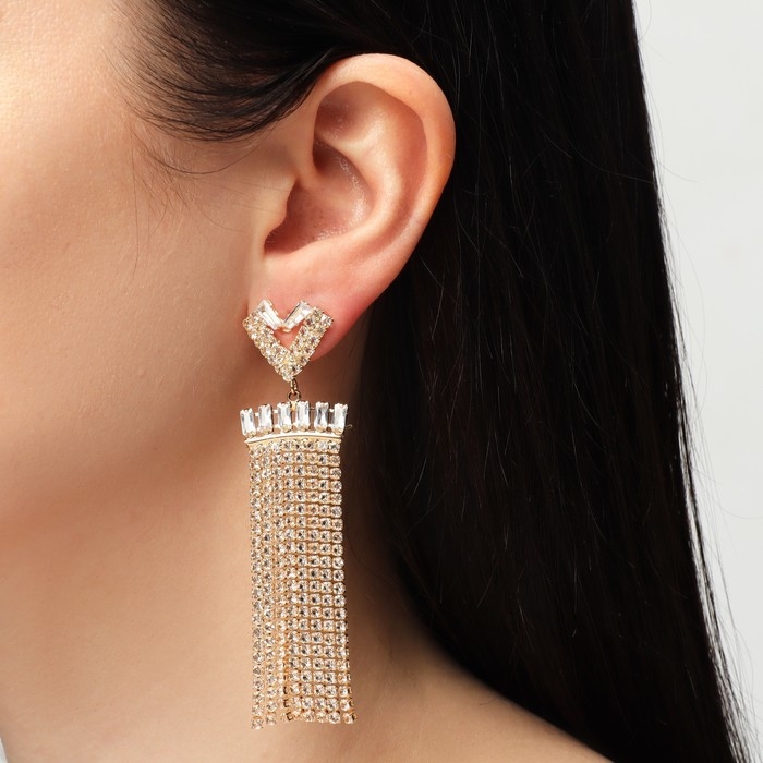 Серьги висячие со стразами «Грация» сердца, 8 рядов, цвет белый в золоте, 8 см Серьги висячие со стразами «Грация» сердца, 8 рядов, цвет белый в золоте, 8 см