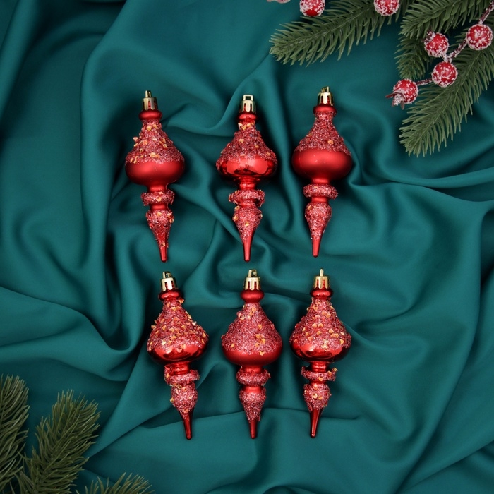 Ёлочная игрушка "Сосульки фигурные блеск" (набор 6 шт) 4х11 см, красный