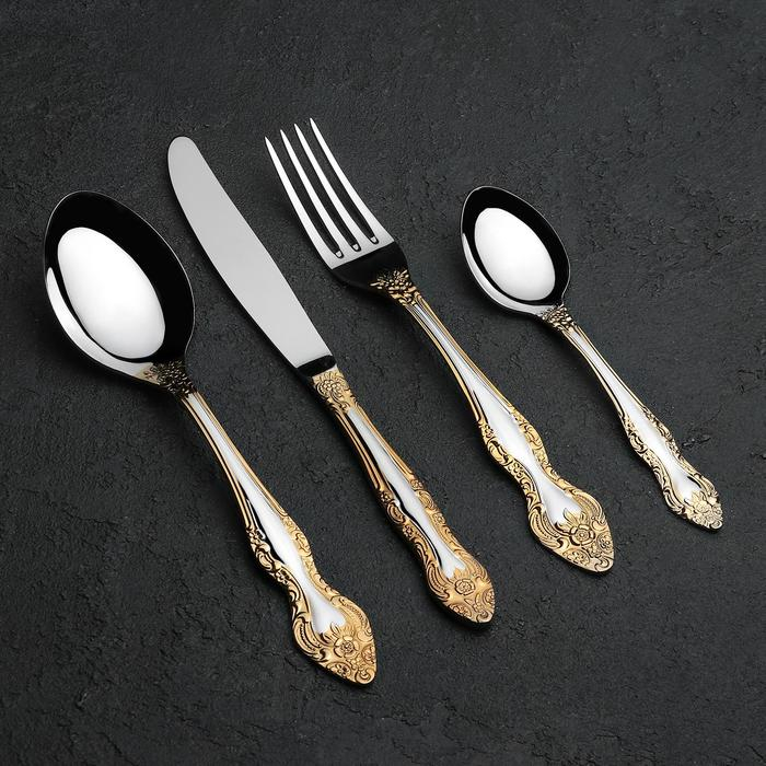 Набор столовых приборов «Тройка», 24 предмета, толщина 2 мм, локальное нитрид-титановое покрытие, декоративная коробка Набор столовых приборов «Тройка», 24 предмета, толщина 2 мм, локальное нитрид-титановое покрытие, декоративная коробка