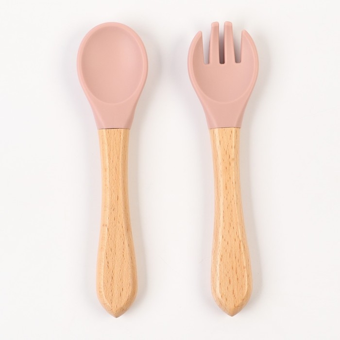 Набор детский столовых приборов, вилка и ложка M&B (силикон, бамбук), цвет пыльная роза Набор детский столовых приборов, вилка и ложка M&B (силикон, бамбук), цвет пыльная роза