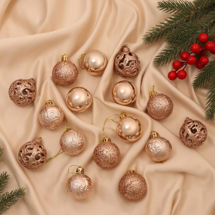 Набор шаров пластик d- 4 см, 16 шт Набор шаров пластик d- 4 см, 16 шт "Торжество узоры" золото