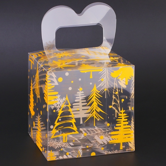 Новый год. Коробка подарочная новогодняя складная ПВХ Новый год. Коробка подарочная новогодняя складная ПВХ "Ёлочки" 11 х 11 х 11 см.