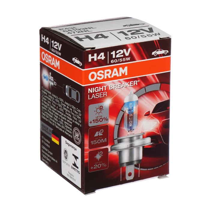 Лампа автомобильная Osram NIGHT LASER H4 P43t, 12 В, 60/55 Вт,+150%, 4050K,64193NL Лампа автомобильная Osram NIGHT LASER H4 P43t, 12 В, 60/55 Вт,+150%, 4050K,64193NL