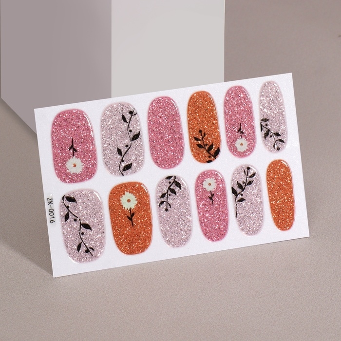 Лаковые полоски для маникюра, 12 шт, с блёстками, цвет розовый/серебристый/оранжевый Лаковые полоски для маникюра, 12 шт, с блёстками, цвет розовый/серебристый/оранжевый