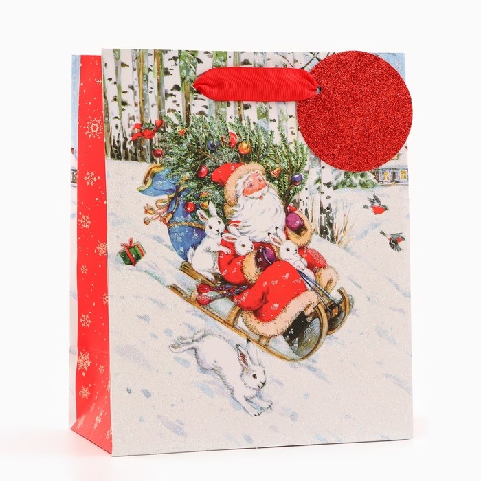 Новый год. Пакет подарочный  Новый год. Пакет подарочный "На санях", люкс, 18 х 22,3 х 10 см.