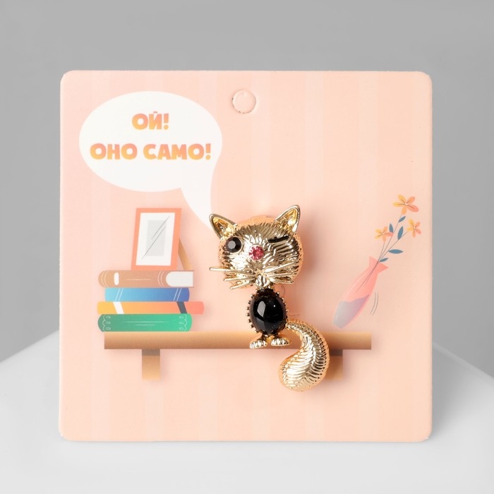Брошь «Котёнок» подмигивающий, цвет чёрный в золоте Брошь «Котёнок» подмигивающий, цвет чёрный в золоте