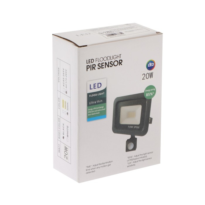 Прожектор светодиодный, 20 Вт, 1800 Лм, 6500К, Датчик движения, IP66 Прожектор светодиодный, 20 Вт, 1800 Лм, 6500К, Датчик движения, IP66
