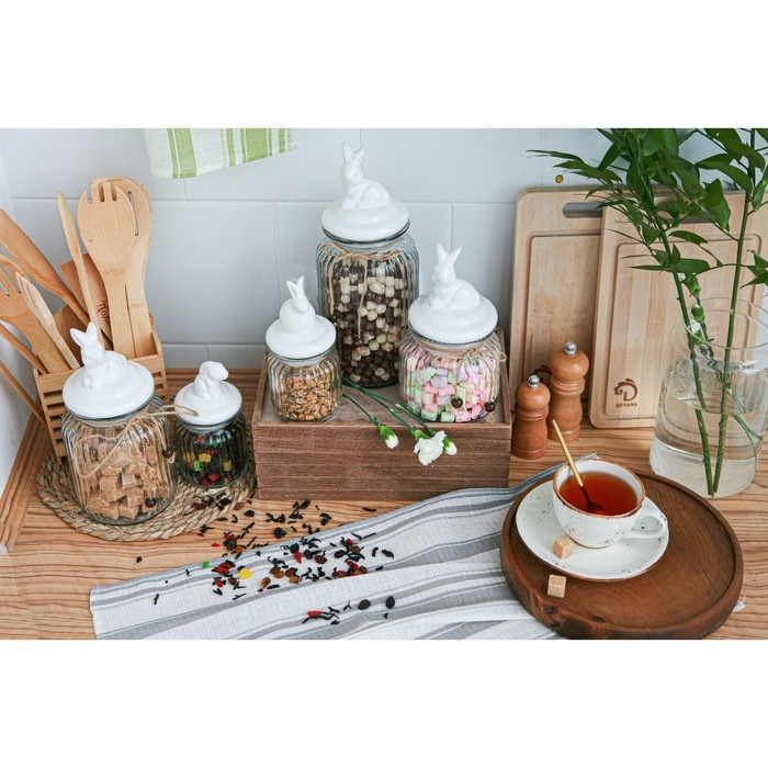 Банка стеклянная для хранения сыпучих продуктов Доляна &laquo;Зайка&raquo;, 230 мл, с керамической крышкой