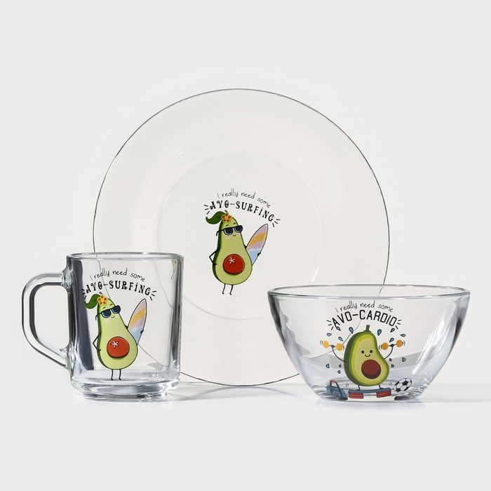 Набор для завтрака «Авокадо», 3 предмета: кружка 200 мл, салатник 450 мл, тарелка, рисунок микс Набор для завтрака «Авокадо», 3 предмета: кружка 200 мл, салатник 450 мл, тарелка, рисунок микс