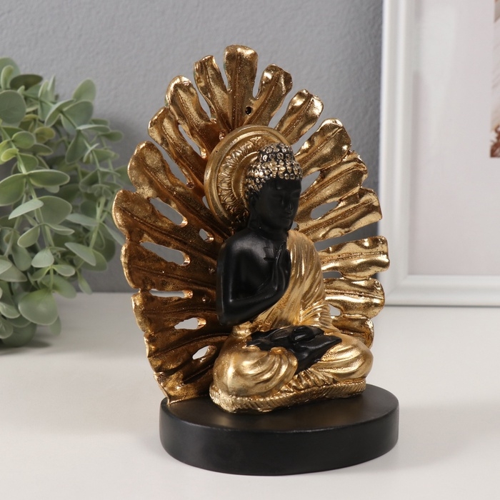 Сувенир полистоун  Сувенир полистоун "Будда. Пальмовый лист" золото и чёрный 14,5х9х17,5 см