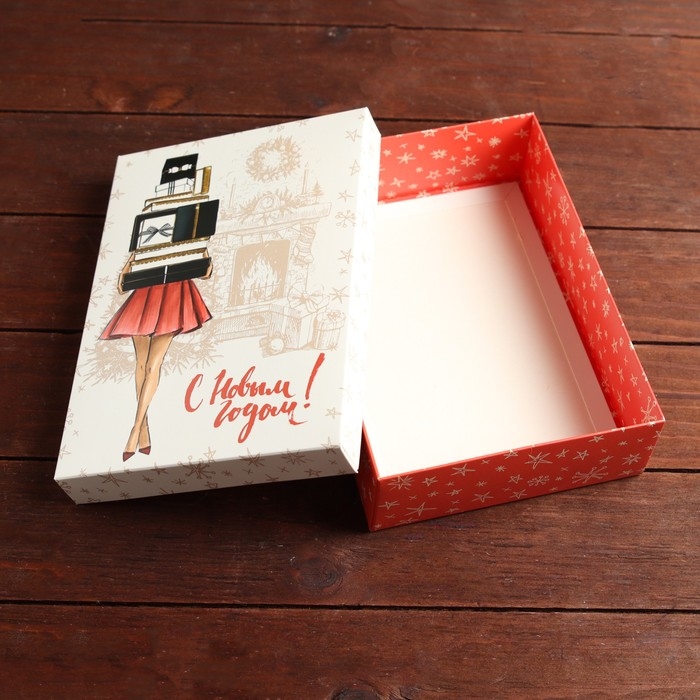 Новый год. Коробка сборная крышка-дно с окном, Новый год. Коробка сборная крышка-дно с окном, "Женский новый год", 21 х 15 х 5,7 см