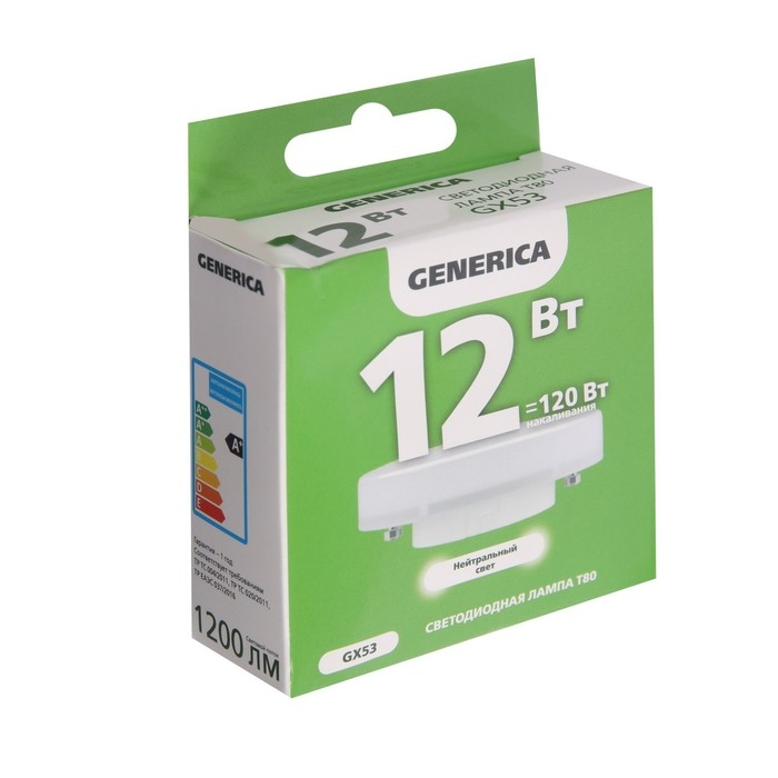 Лампа светодиодная GENERICA T80, 12 Вт, таблетка, 4000 К, GX53, 230 В, LL-T80-12-230-40-GX53-G Лампа светодиодная GENERICA T80, 12 Вт, таблетка, 4000 К, GX53, 230 В, LL-T80-12-230-40-GX53-G