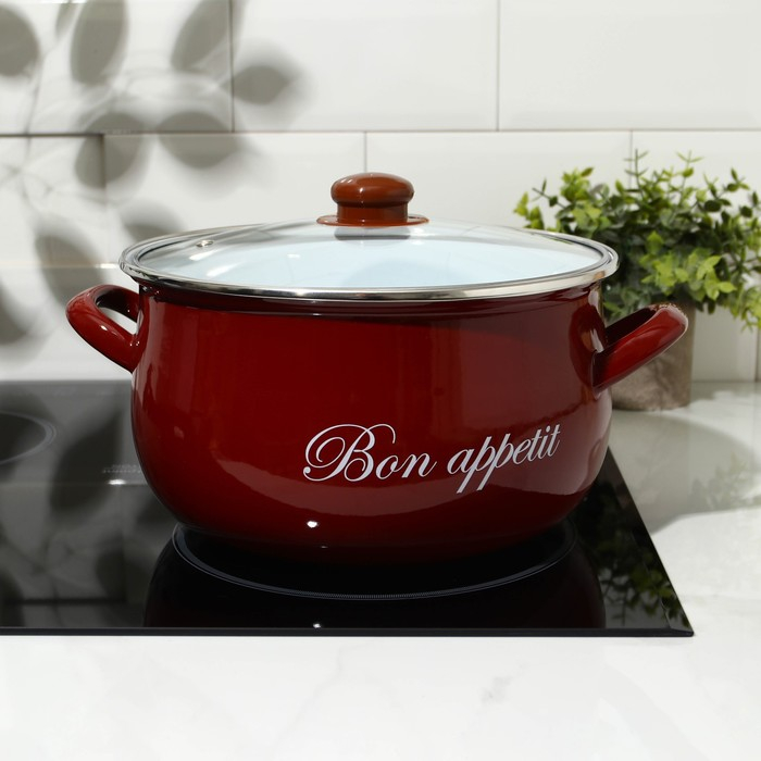 Кастрюля эмалированная «Бордо», 5,7 л, стеклянная крышка, индукция, цвет бордовый Кастрюля эмалированная «Бордо», 5,7 л, стеклянная крышка, индукция, цвет бордовый