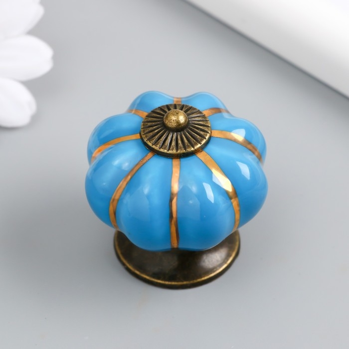 Ручка для шкатулки керамика, металл Ручка для шкатулки керамика, металл "Тыковка" голубая 4х4х4 см