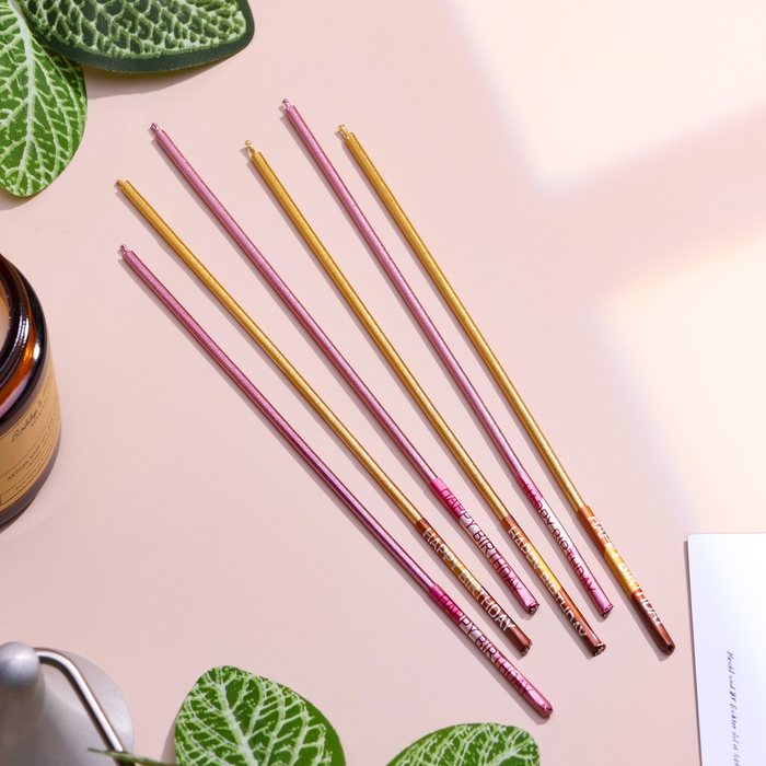 Набор свечей в торт, 6 штук Набор свечей в торт, 6 штук "Happy", 17 см, золотой с розовым