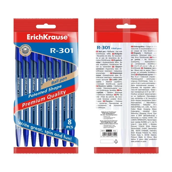 Набор ручек шариковых ErichKrause R-301 Original Stick, 8 штук, узел 0.7 мм, чернила синие Набор ручек шариковых ErichKrause R-301 Original Stick, 8 штук, узел 0.7 мм, чернила синие