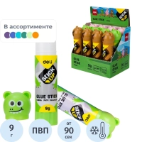 Клей-карандаш школьный 9г Deli с колпачком в форме зверька, ассорти E6366A