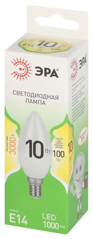 Лампа светодиодная LED 10 Вт 1000Лм 3000К свеча теплый E14 220-240В LED B35-10W-830-E14 Green Line
