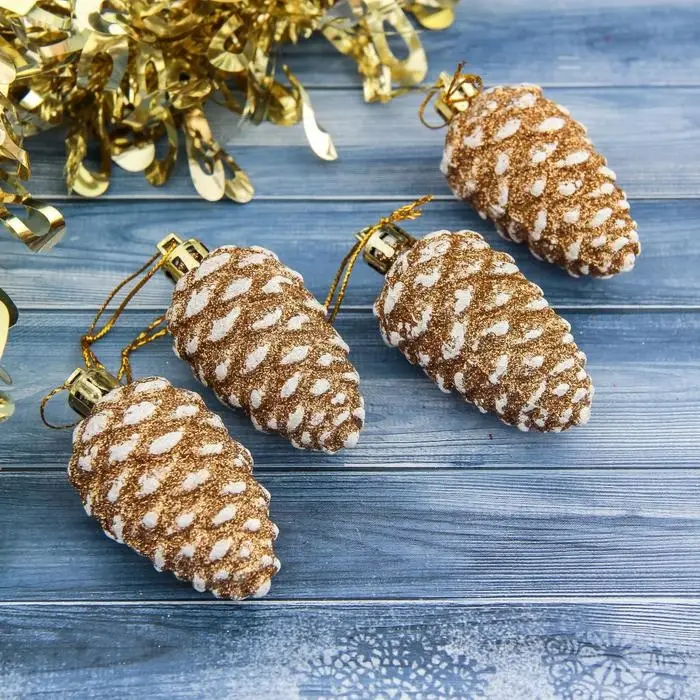 Ёлочные игрушки 4 шт. «Шишка» 3.5×7 см, золотисто-белый
