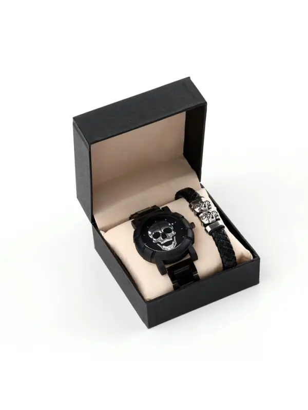 Мужской подарочный набор &laquo;Череп&raquo; 2 в 1: наручные часы, браслет, серебристый