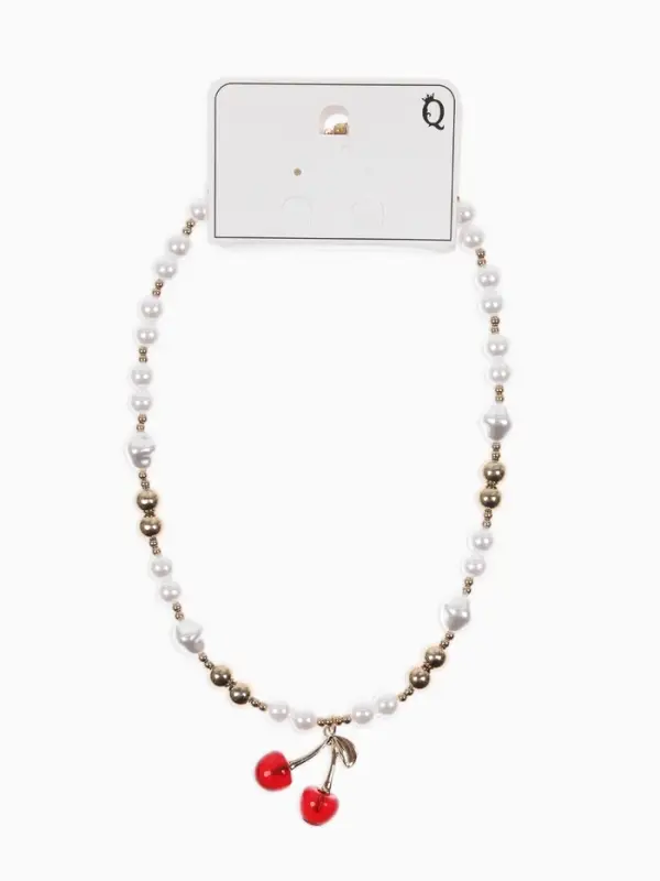 Кулон на жемчужных бусах "Вишня", цвет белый в золоте