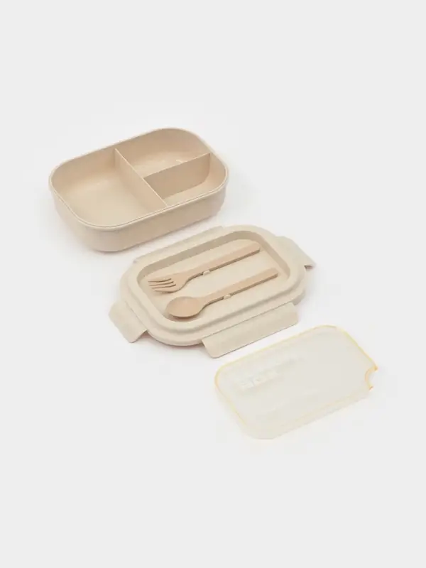 Ланч-бокс , 3 отделения, вилка и ложка, размер 22х16х6,5 см, цвет бежевый