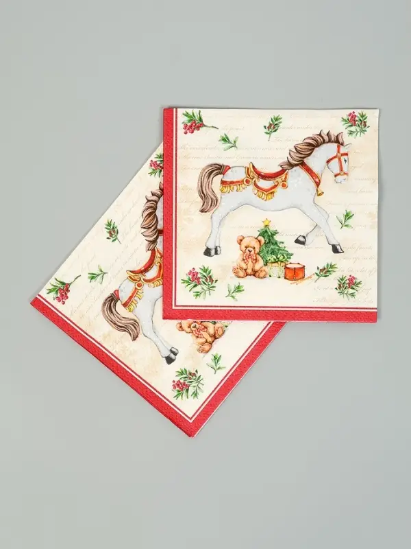 Салфетки бумажные трёхслойные «Новогодняя лошадка. кремовый фон», 24х24, 25 шт Салфетки бумажные трёхслойные «Новогодняя лошадка. кремовый фон», 24х24, 25 шт