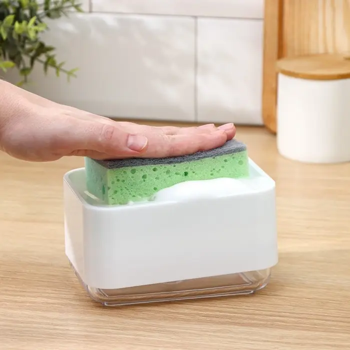 Дозатор для моющего средства с подставкой для губки Raccoon, губка в комплекте, цвет белый Дозатор для моющего средства с подставкой для губки Raccoon, губка в комплекте, цвет белый