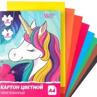 Картон цветной, А4, 8 листов, 8 цветов, немелованный, односторонний, в папке, 220 г/м&sup2;, Минни Маус и Единорог