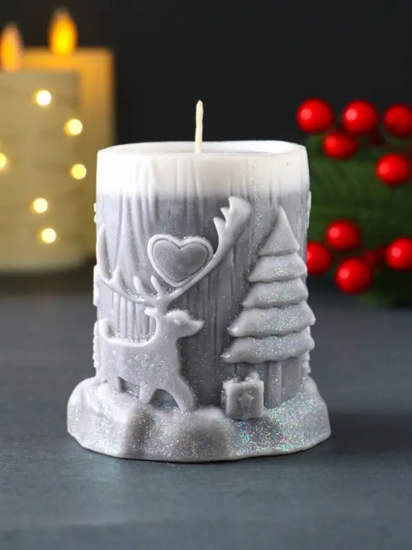 Свеча новогодняя столбик  Свеча новогодняя столбик "Сказочный лес" 75х82 мм, серый