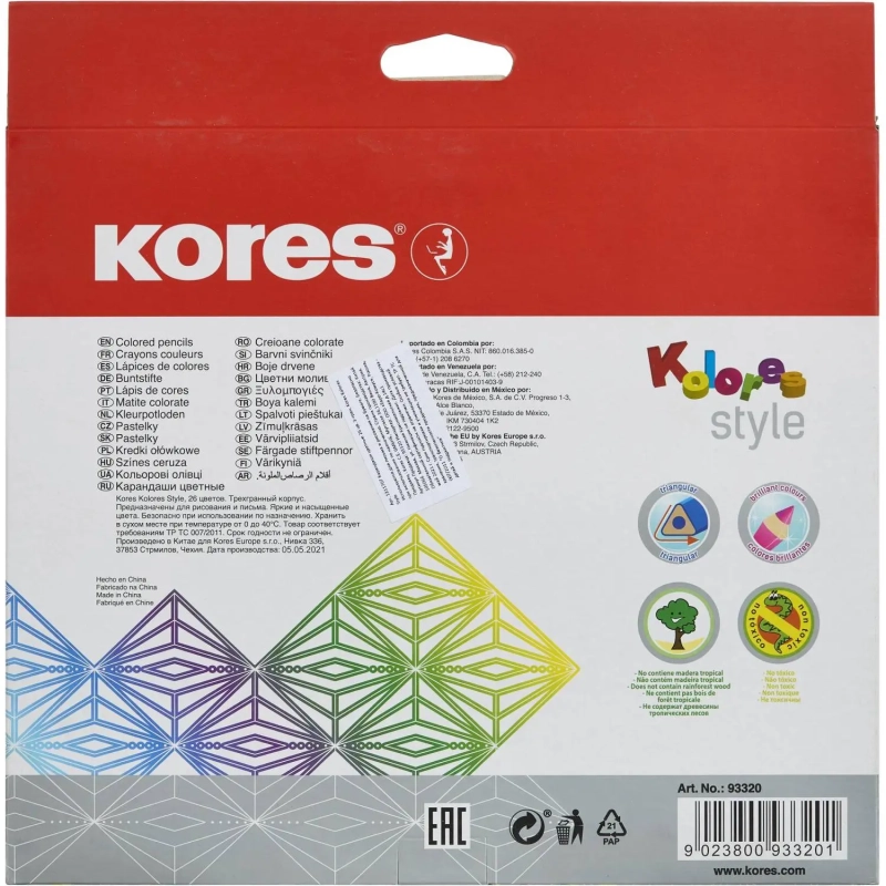 Карандаши цветные 26 цв. 3-гран, Kores Kolores Style, 93320