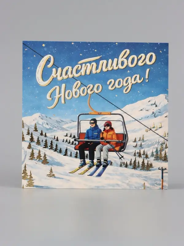 Открытка &laquo;Счастливого Нового года!&raquo;, тиснение, лыжники, 15&times;15 см