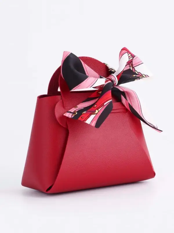 Кожаная подарочная сумочка для бижутерии и сувениров, красная с бантом (лента), 13&times;12&times;5.5 см