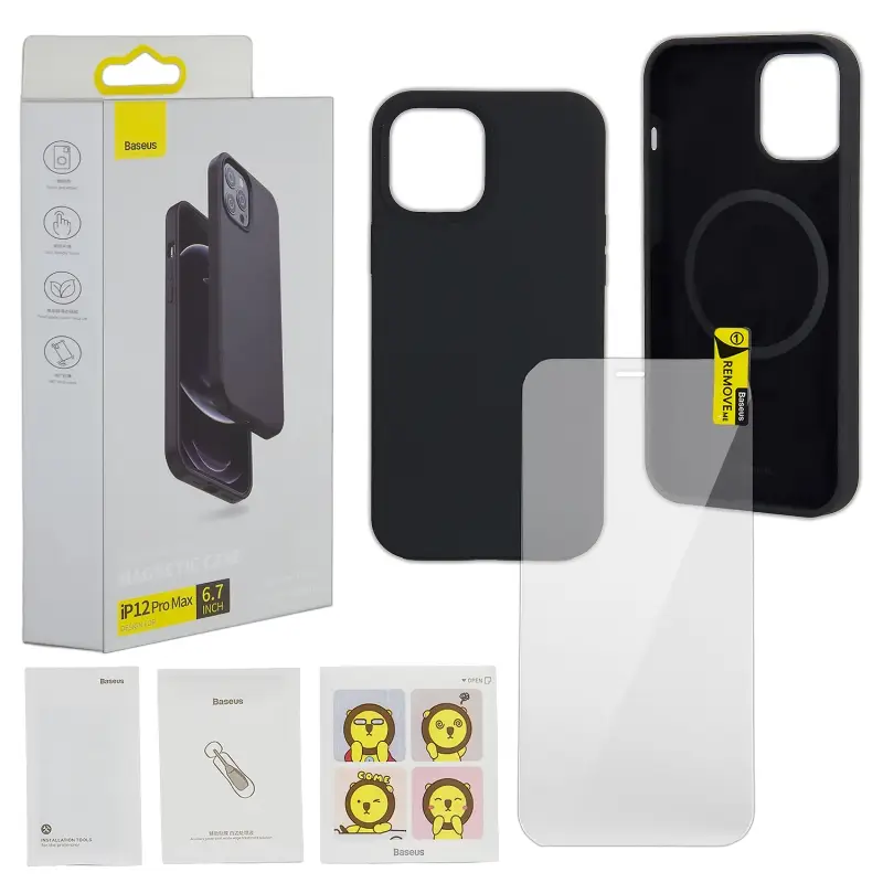 Чехол IPH 12 Pro Max Baseus Magnetic Case Black + Glass Clear 0.3mm