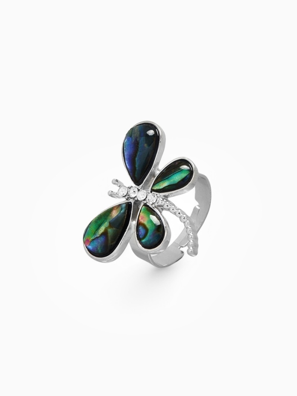 Кольцо безразмерное «Стрекоза», галиотис, зелёное в серебре