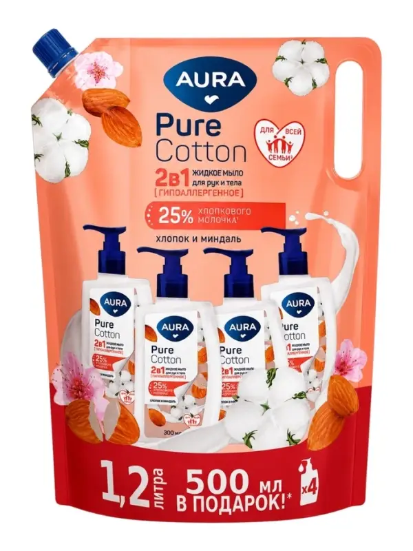 Жидкое мыло AURA Pure Cotto 2 в 1 &laquo;Миндаль и хлопковое молочко&raquo;, для рук и тела, дой-пак, гипоаллергенное, 1.2 л