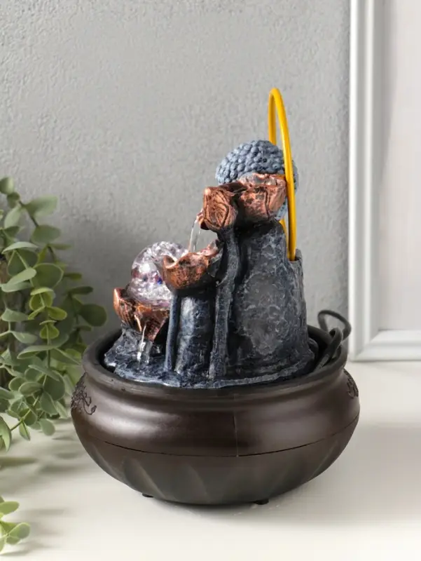 Фонтан настольный от сети, подсветка "Будда с лотосами - благополучие" 16х16х22 см