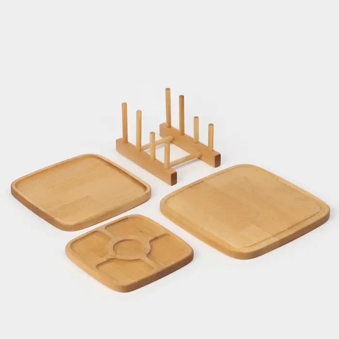 Подарочный набор посуды Adelica &laquo;Мечта хозяйки&raquo;, доска разделочная d=28 см, блюдо для подачи d=24 см, менажница d=20 см, подставка, дерево берёза