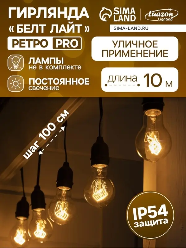 Гирлянда &laquo;Ретро белт-лайт&raquo; 10 м, IP54, УМС, тёмная нить, шаг 100 см, Е27 (без ламп), 220 В