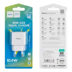 Переходник сетевого зарядного устройства C106A HOCO на USB 2.1A 10,5W белый
