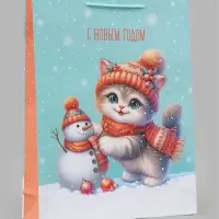 Пакет подарочный &laquo;Котёнок и снеговик&raquo;, 33&times;10&times;42.5 см