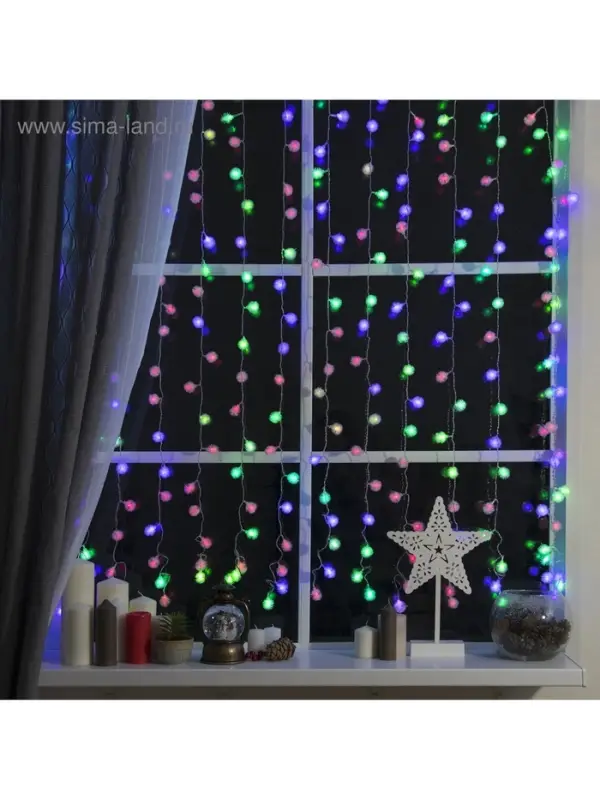 Гирлянда &laquo;Занавес&raquo; 2&times;1.5 м с насадками &laquo;Ёжики&raquo;, IP20, прозрачная нить, 360 LED, свечение мульти (RG/RB), мигание, 220 В