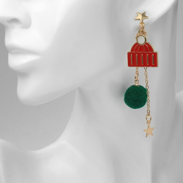 Новый год! Серьги «Новогодние» висячие, шапка, цветные в золоте Новый год! Серьги «Новогодние» висячие, шапка, цветные в золоте