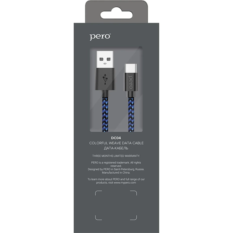 Кабель USB PERO DC-04 Type-C, 3А, 2м, Blue-black (Fast Charge)