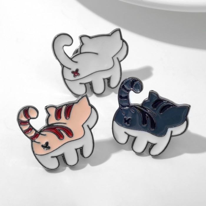 Набор значков (3шт) «Котики» хвостики, цветной в серебре Набор значков (3шт) «Котики» хвостики, цветной в серебре