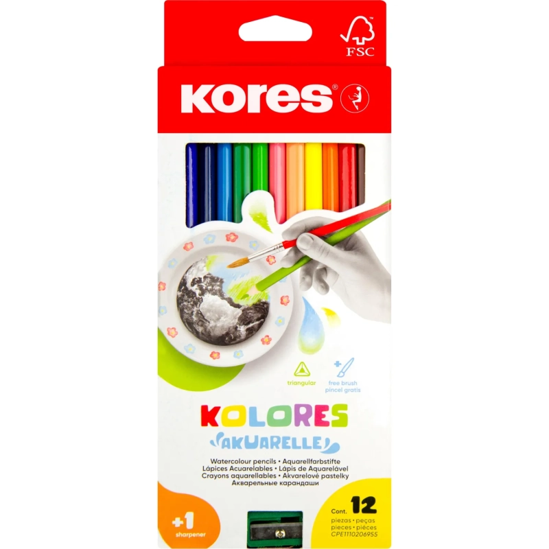 Карандаши акварельные цветные 12цв 3-гран,кисть,точилка Kores 93812