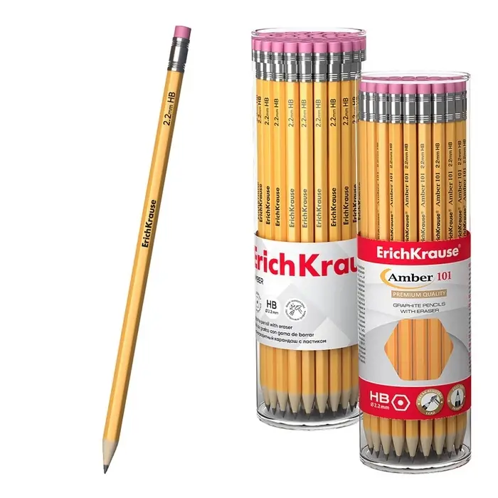 Карандаш чернографитный с ластиком ErichKrause Amber 101, НВ, грифель d=2.2 мм, дерево, шестигранный в тубусе Карандаш чернографитный с ластиком ErichKrause Amber 101, НВ, грифель d=2.2 мм, дерево, шестигранный в тубусе