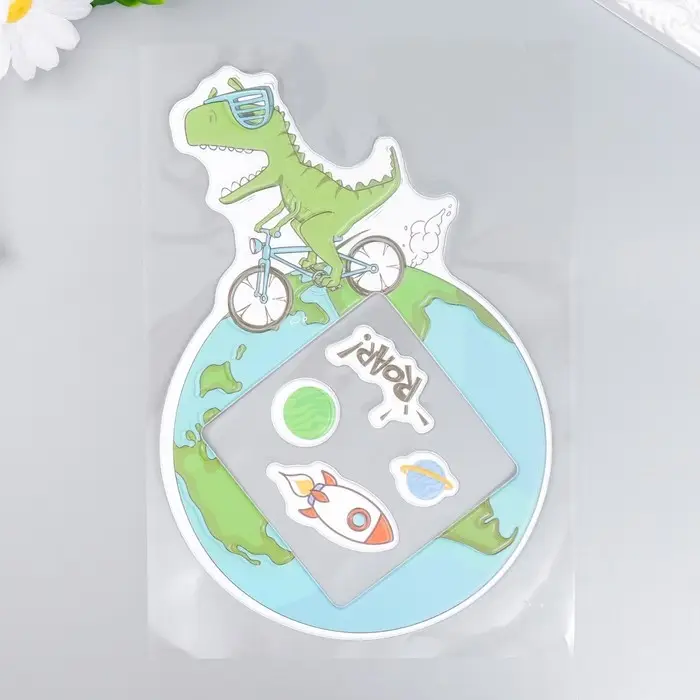 Наклейка на выключатель "Динозавр на велике" окно 8,5х8,5 см, объемная 26х16,5 см